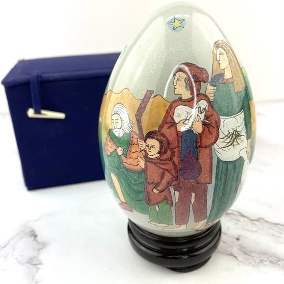 Hand Blown Glass Egg with Stand 1991 SMC in Box Religious Design Li Bien Painted - Picture 1 of 15